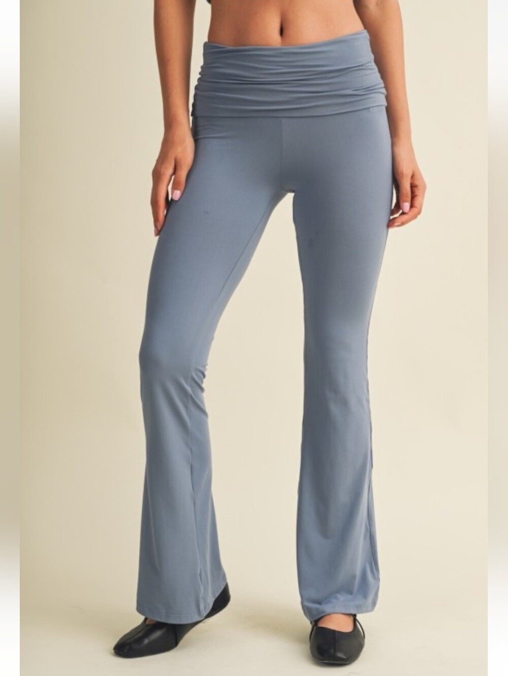 Dusty Blue Fold-Over Flare Leggings